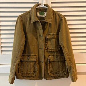Anthropologie Utility Ruffled Olive Green Distressed Jacket Sz XSmall